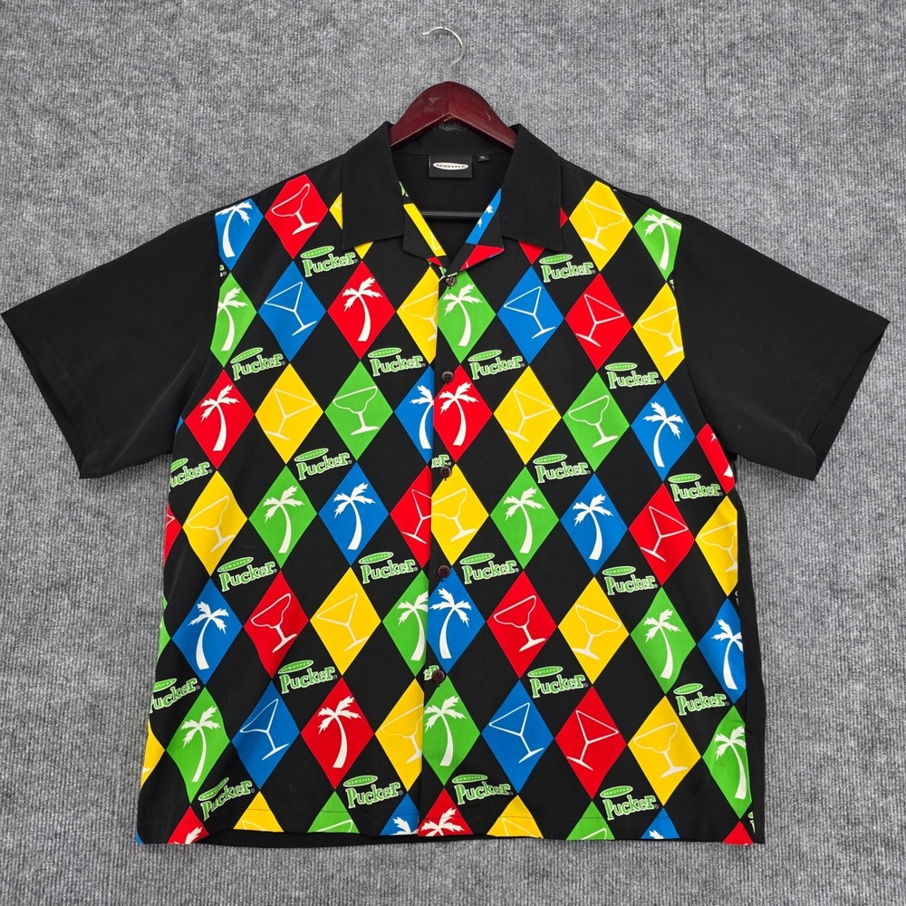 DeKuyper Pucker Bowling Shirt Mens XL Black Harlequin Diamond Tropical Cocktail